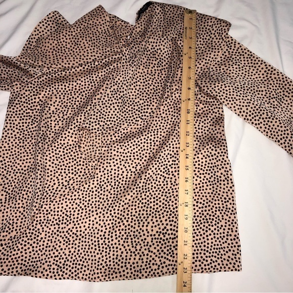 Zara Basic Asymmetric Ruffle Blouse Size M Long Sleeve Polka Dot Pink Black - Picture 8 of 10